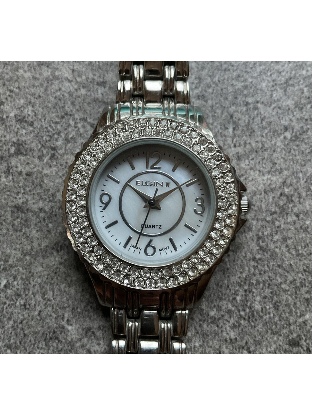 Beautiful Elgin Womens Watch Silver Tone Case And Band W/Crystal Accents Bin G